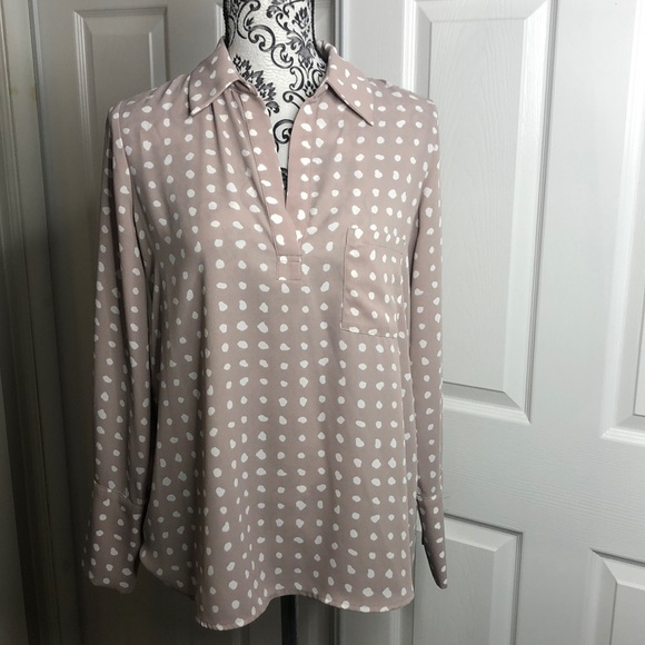 Anthropologie Tops - Anthro‎ Pleione Taupe White Dots V Neck Long Sleeve XS